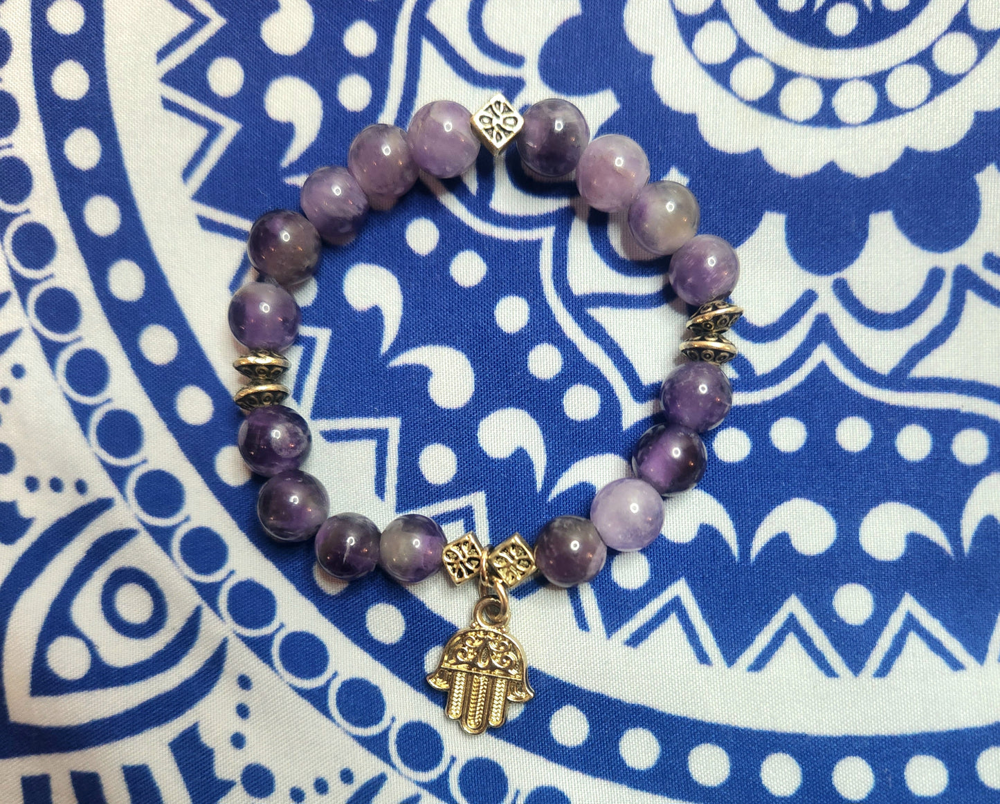 Adult Amethyst purple crystal elastic stretchy beaded bracelet. Hamsa hand spirtual protection strength beads charms