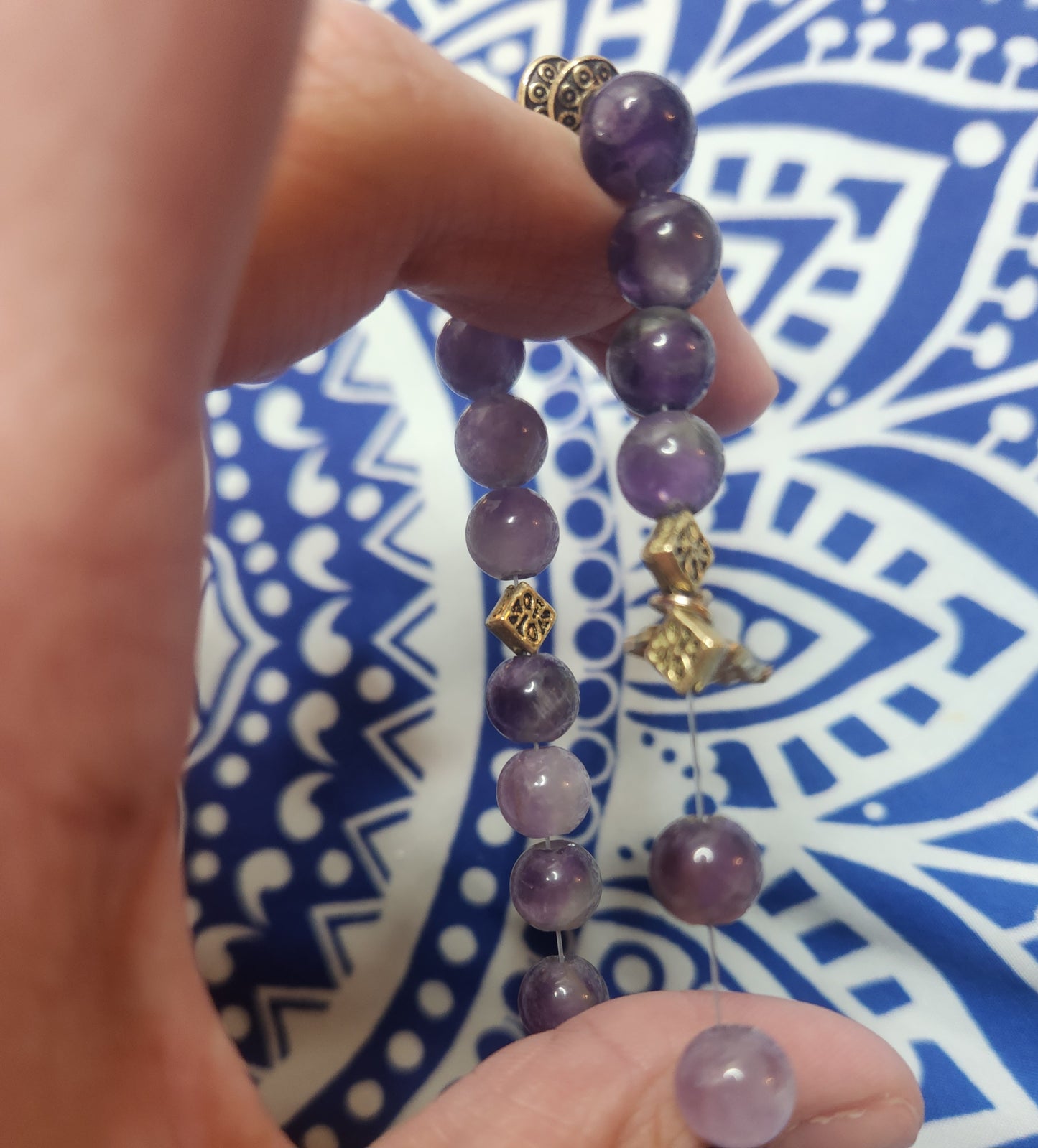 Adult Amethyst purple crystal elastic stretchy beaded bracelet. Hamsa hand spirtual protection strength beads charms