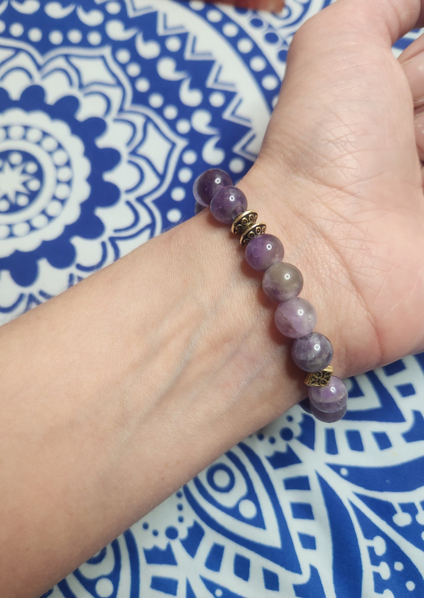 Adult Amethyst purple crystal elastic stretchy beaded bracelet. Hamsa hand spirtual protection strength beads charms