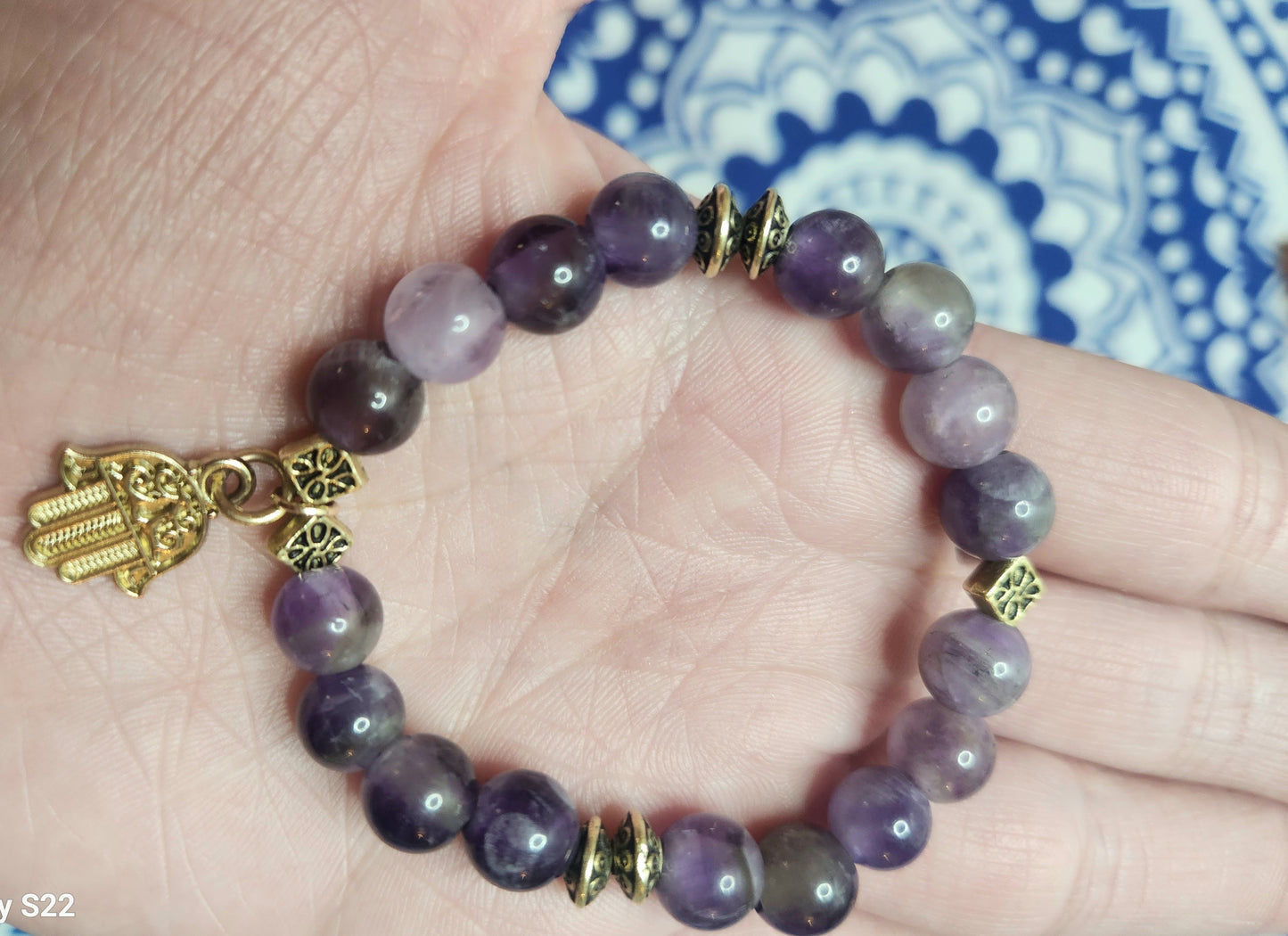 Adult Amethyst purple crystal elastic stretchy beaded bracelet. Hamsa hand spirtual protection strength beads charms