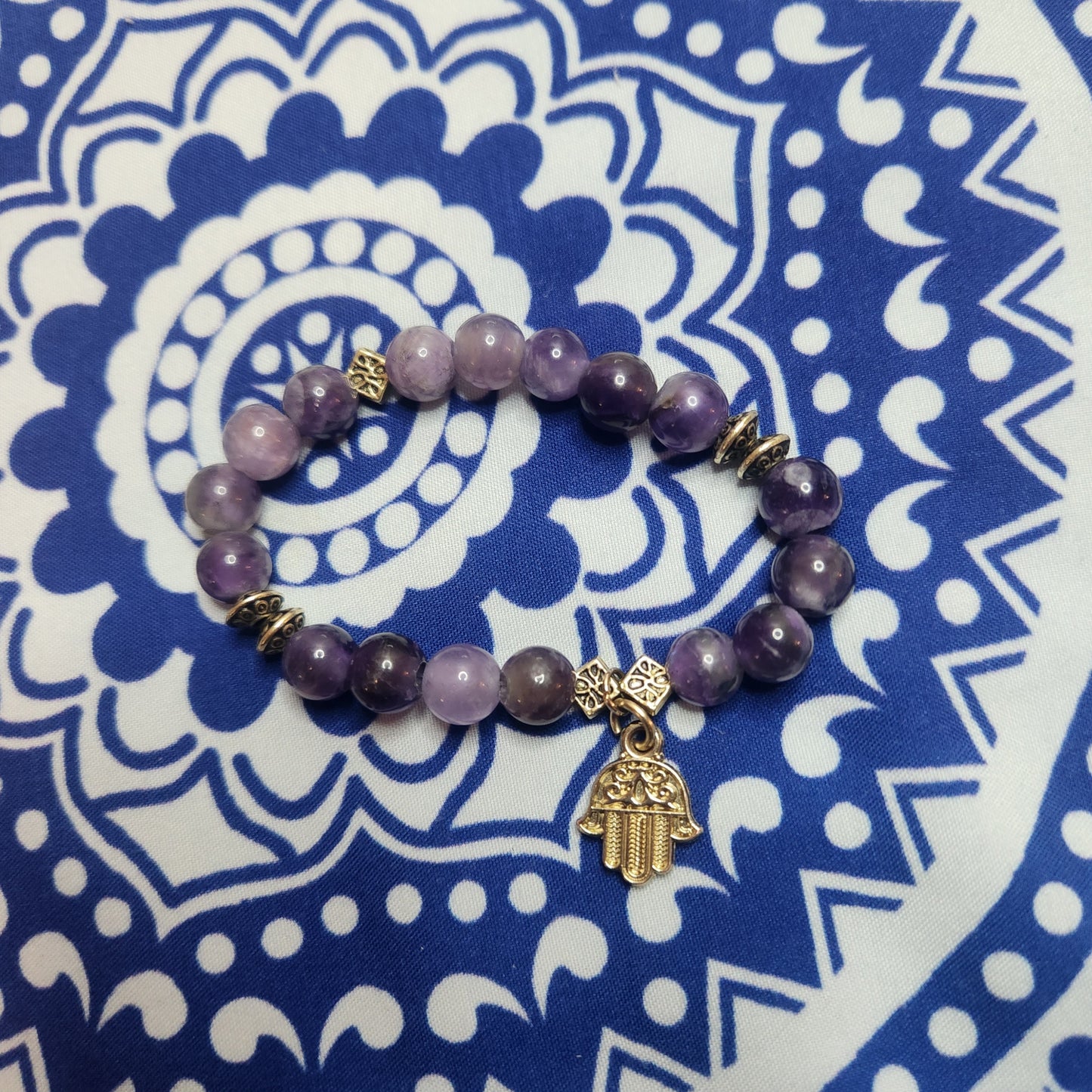 Adult Amethyst purple crystal elastic stretchy beaded bracelet. Hamsa hand spirtual protection strength beads charms