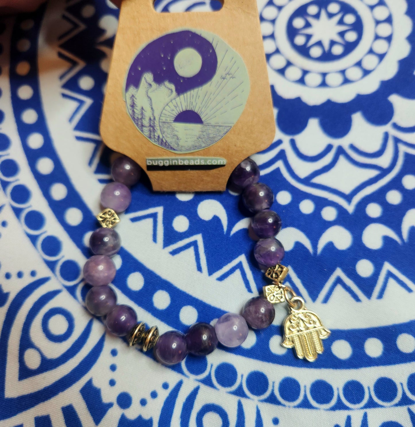 Adult Amethyst purple crystal elastic stretchy beaded bracelet. Hamsa hand spirtual protection strength beads charms